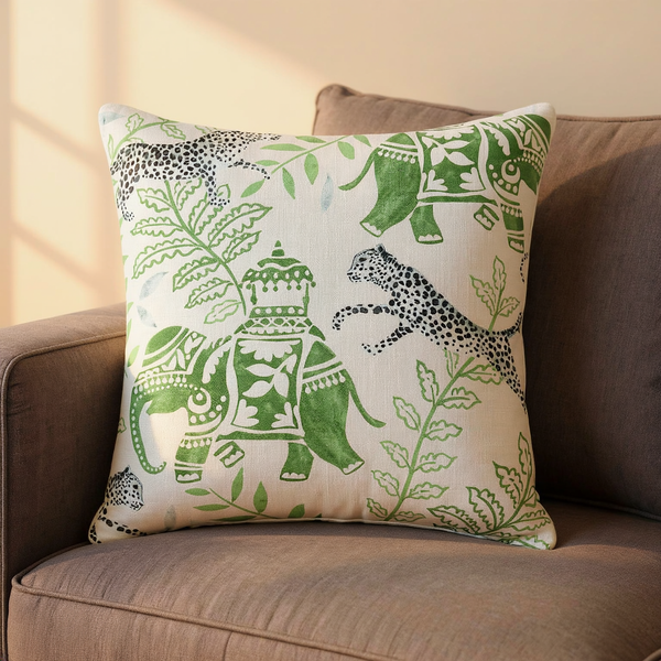 Printed Elephant Motif Throw Pillow in a close view on coordinated upholstered seating