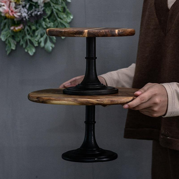 Dark Wood-Grain Pedestal Cake Stand in a styled home setting