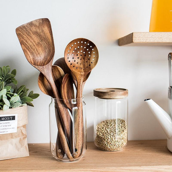 Teak Wood Cooking Utensil Set in a styled home setting