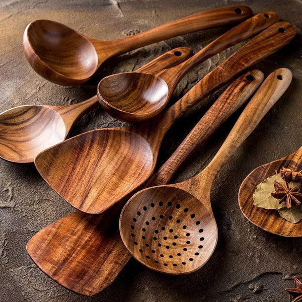 Close-up of material and construction detail — Teak Wood Cooking Utensil Set