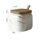 Marble-Print Ceramic Spice Jar Set — close-up of label and production detail