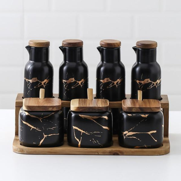 Close-up of marble veining and polished surface detail — Marble-Print Ceramic Spice Jar Set