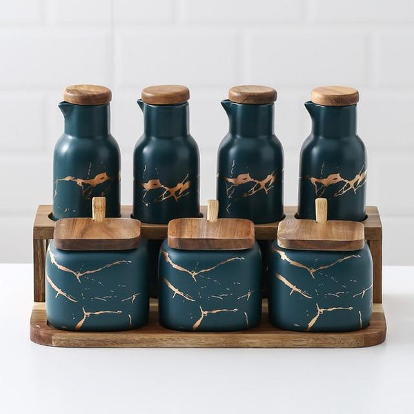 Marble-Print Ceramic Spice Jar Set hung in a curated gallery wall arrangement