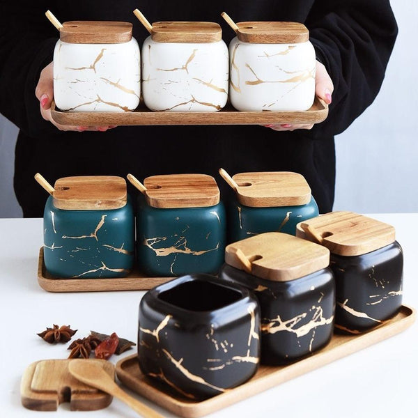 Marble-Print Ceramic Spice Jar Set — scale reference and proportion detail
