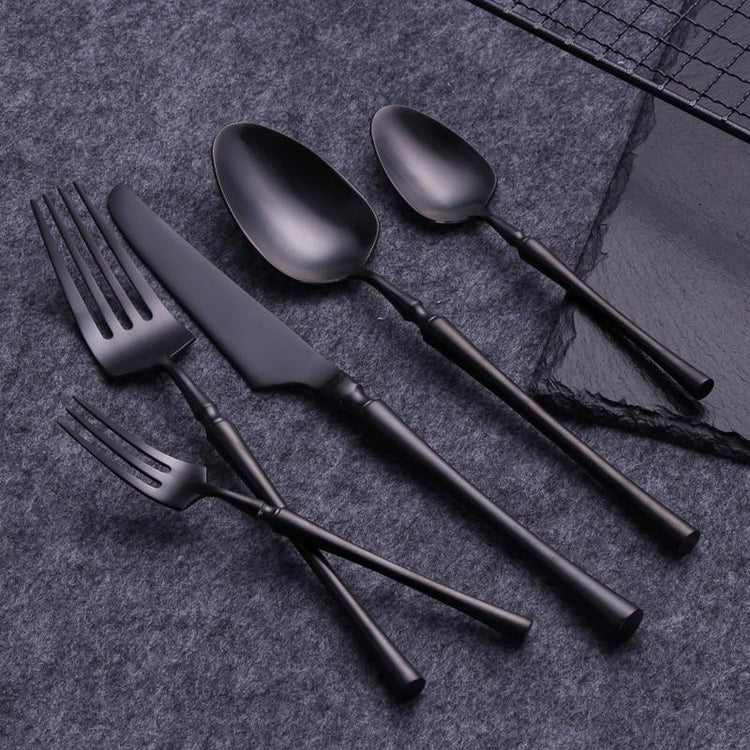 Matte Stainless Flatware Set 24-Piece — 24-piece matte stainless set with segmented handles in black or gold