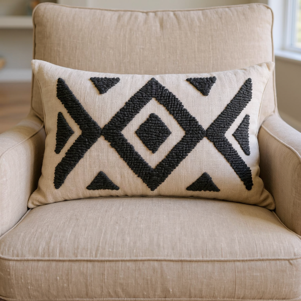 Punch Needle Ndebele Lumbar Pillow styled on coordinated seating