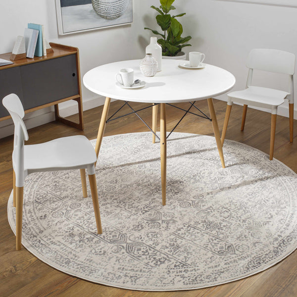 Cream & Fog Gray Distressed Medallion Area Rug