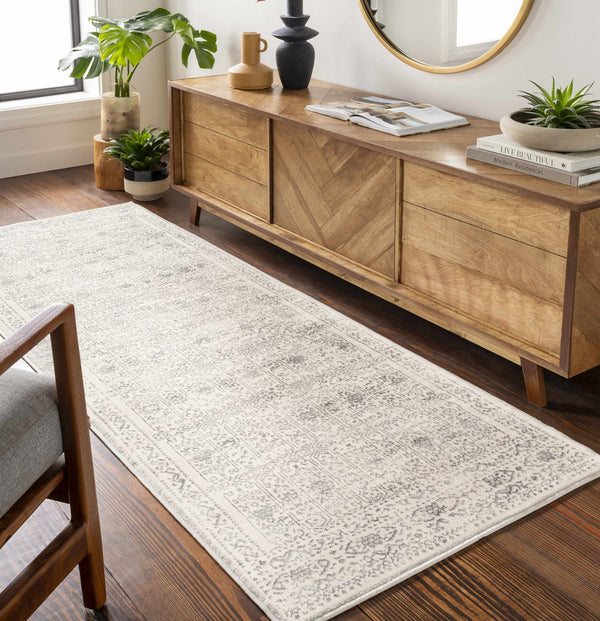 Cream & Fog Gray Distressed Medallion Area Rug