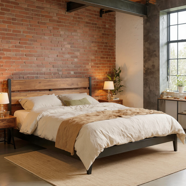 Acacia Wood-Grain Platform Bed Frame with ivory bedding and a camel throw, shown at an angle in a warm brick and steel loft bedroom with a flat oatmeal rug.