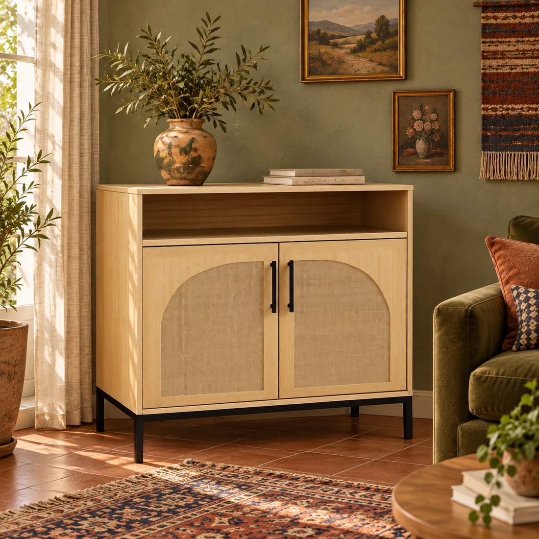 Light wood buffet cabinet with arched rattan doors, black pulls and a slim black base in a Boho room with olive walls and terracotta flooring.