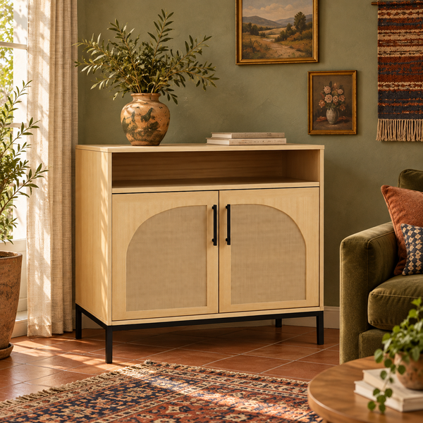 Light wood buffet cabinet with arched rattan doors, black pulls and a slim black base in a Boho room with olive walls and terracotta flooring.