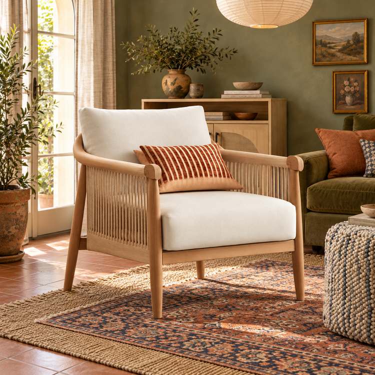 Cream-cushioned braided cord wood-frame accent chair with a rust striped pillow in a Boho room with olive walls and layered patterned rugs