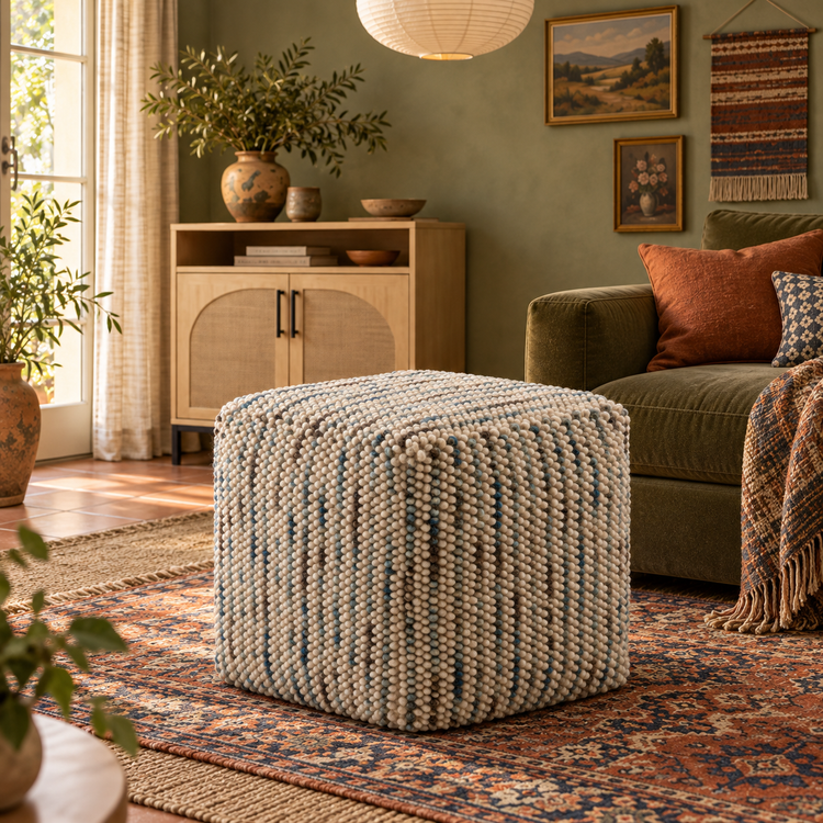 Beige cube pouf with chunky cream, dusk-blue and taupe woven stripes beside an olive sofa on layered patterned rugs in a Boho living room