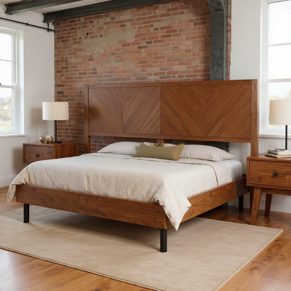 Chevron Hevea Wood Platform Bed in a warm brick and steel loft bedroom with neutral bedding and a flat rug.