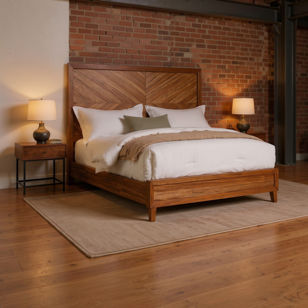Chevron wood-grain panel bed with ivory bedding and olive pillow, shown at an angle in a brick loft bedroom with a flat oatmeal rug.