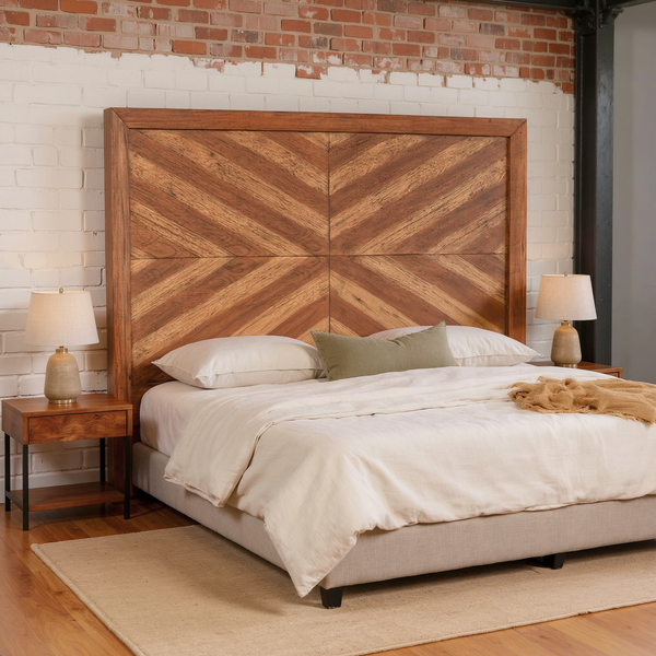 Chevron Wood-Grain Panel Headboard styled with ivory bedding in a brick and steel loft bedroom with a flat oatmeal rug.