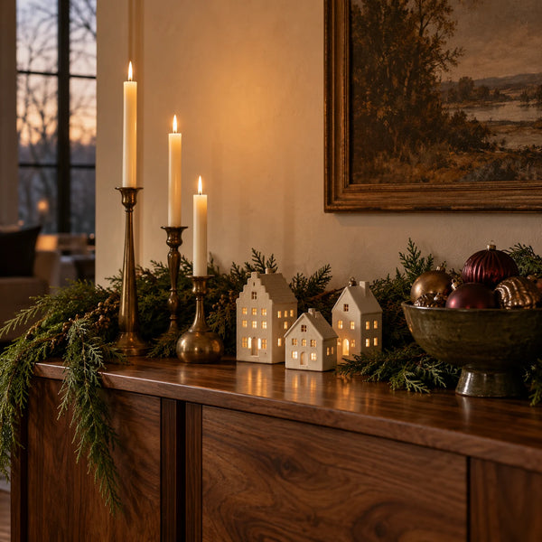 Christmas decorations and candlelight on a walnut console