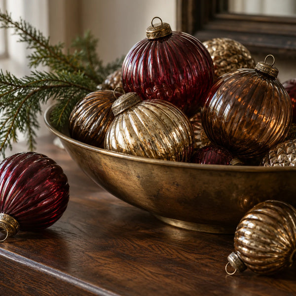Amber, bronze, and burgundy glass Christmas ornaments