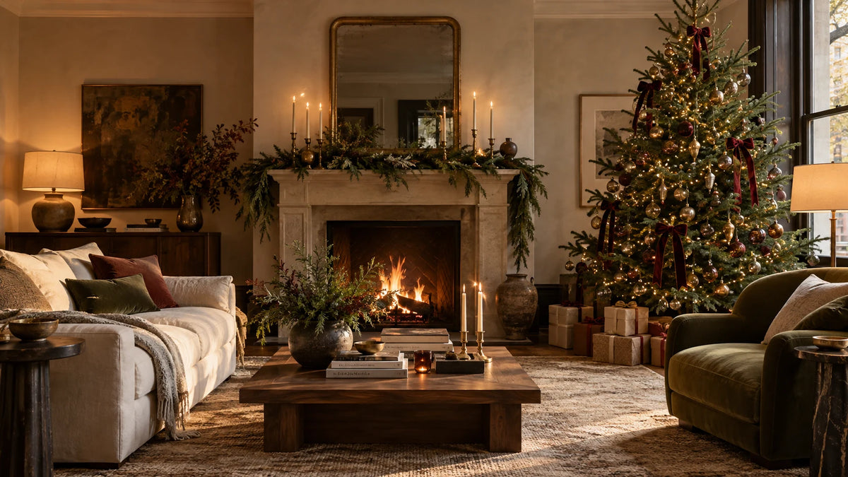 A warm Christmas living room with an evergreen tree, garland, and candlelight
