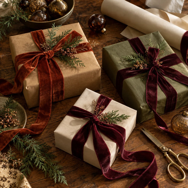 Thoughtfully wrapped gifts with velvet ribbon