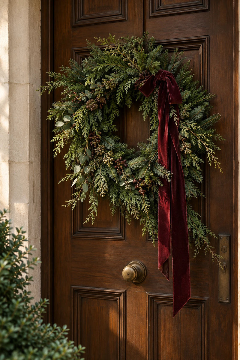 An evergreen wreath on a walnut front door