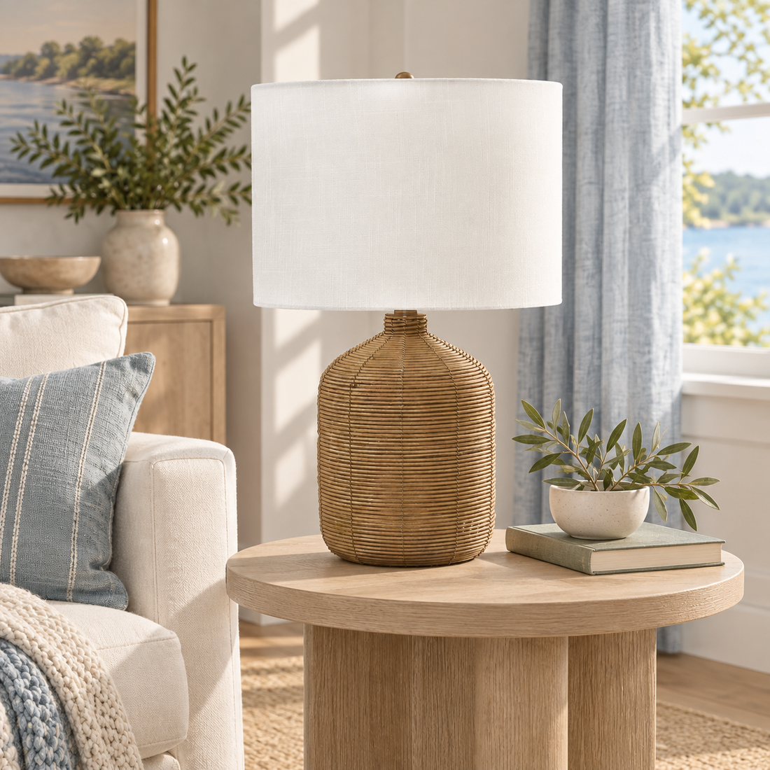 Coiled honey-tan rattan jug table lamp with an off-white drum shade on a pale oak table in a bright Coastal living room.