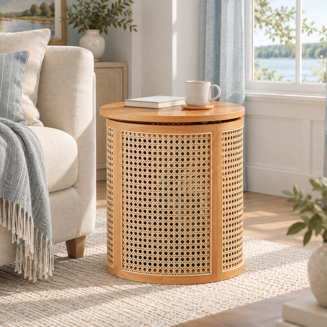 Round rubberwood side table with open cane panels beside a cream sofa in a bright Coastal room with pale blue curtains.