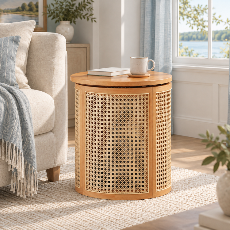 Round rubberwood side table with open cane panels beside a cream sofa in a bright Coastal room with pale blue curtains