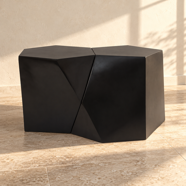 Faceted MGO Coffee Table Set against a cream limewash wall on a travertine floor in warm afternoon light