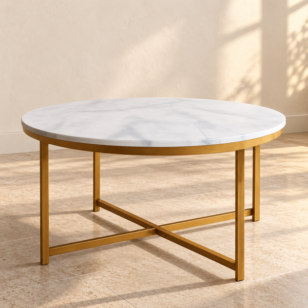 Faux Marble X-Base Round Coffee Table against a cream limewash wall on a travertine floor in warm afternoon light