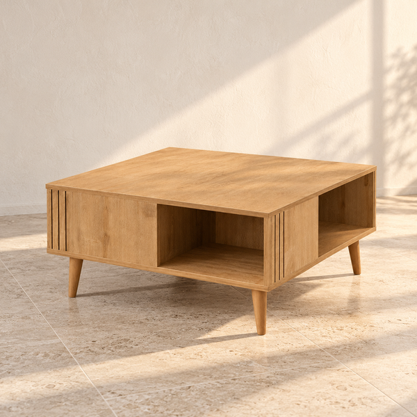 Grooved Square Wood-Grain Coffee Table against a cream limewash wall on a travertine floor in warm afternoon light