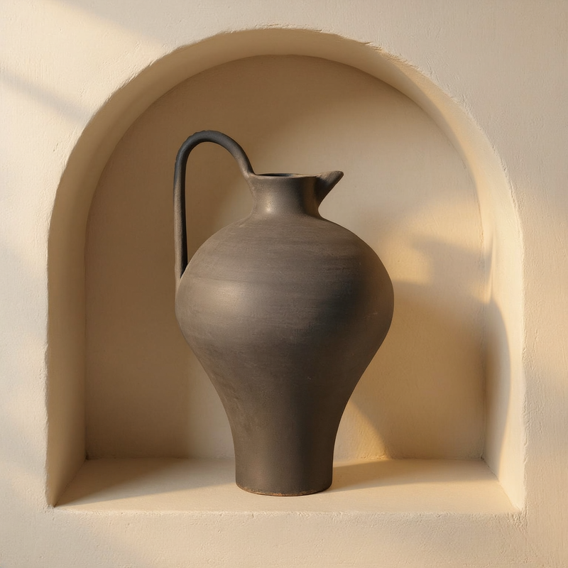 Matte Charcoal Terracotta Jug in a cream plaster niche with warm natural side light