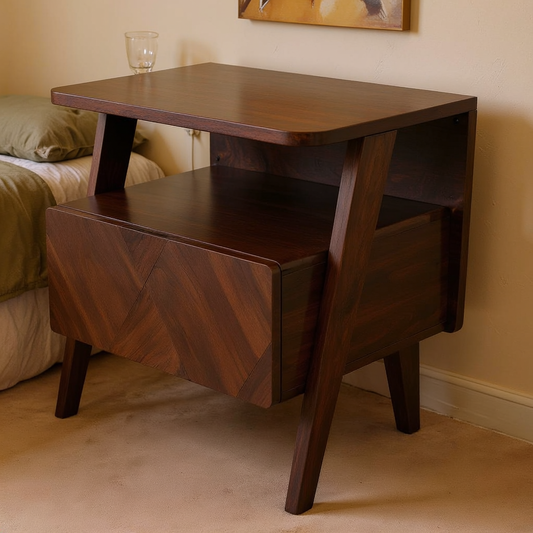Acacia Wood Chevron-Front Nightstand in a styled home interior