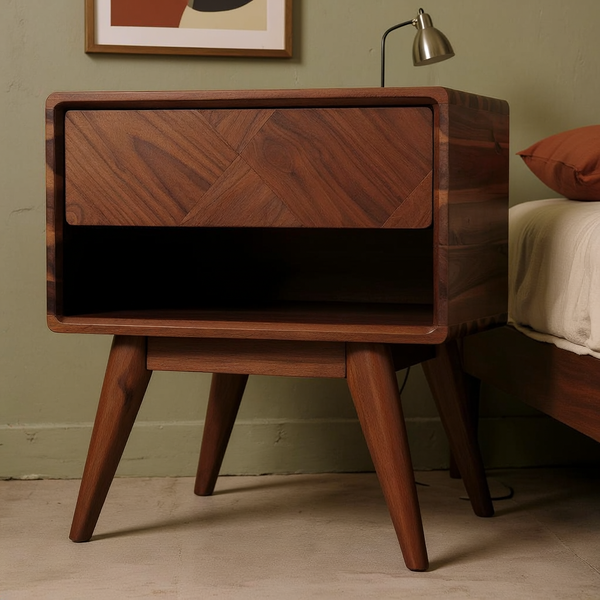 Parquet-Front Acacia Wood Nightstand in a styled home interior