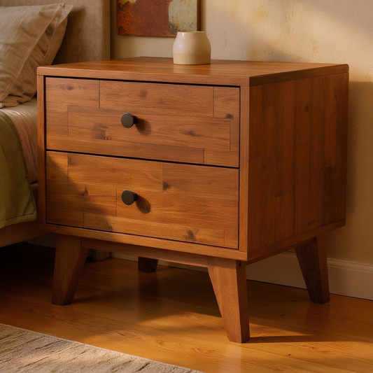 Solid Acacia Wood Two-Drawer Nightstand in a styled home interior