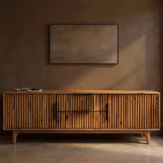 Fluted Acacia Wood TV Stand in a styled home interior