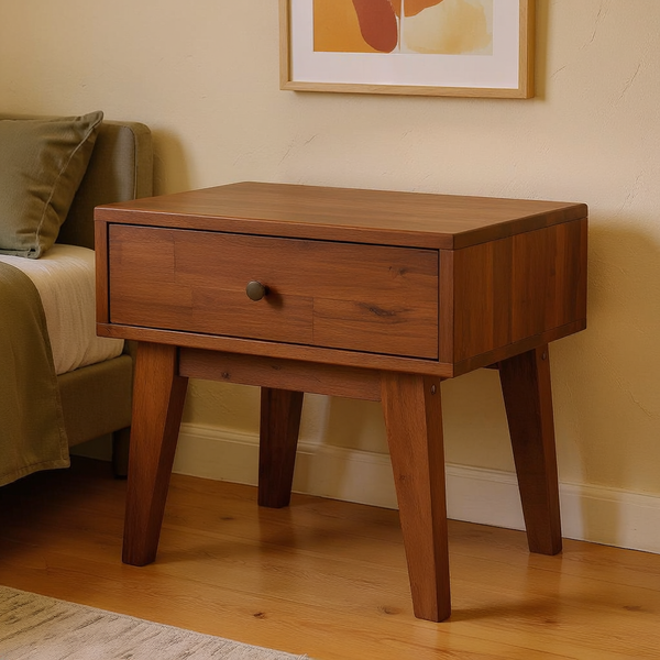 Mid-Century Wood-Grain Nightstand in a styled home interior