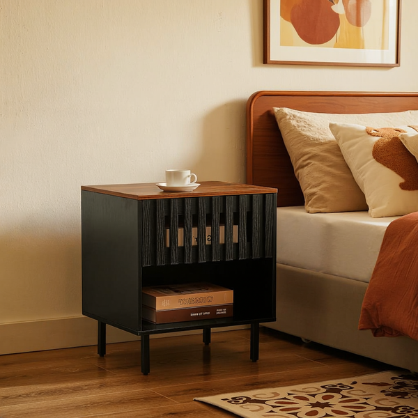 Slatted Grille-Door Nightstand, Set of in a styled home interior