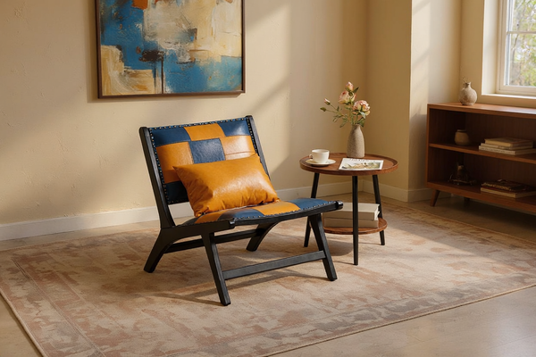 Patchwork Leather-Look Sling Accent Chair in a styled home interior