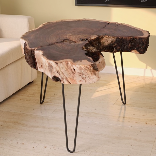 Live-Edge Acacia Slice Side Table in a styled home interior