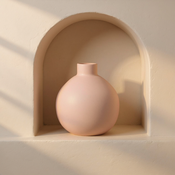 Matte Ceramic Tabletop Vase in a cream plaster niche with warm natural side light