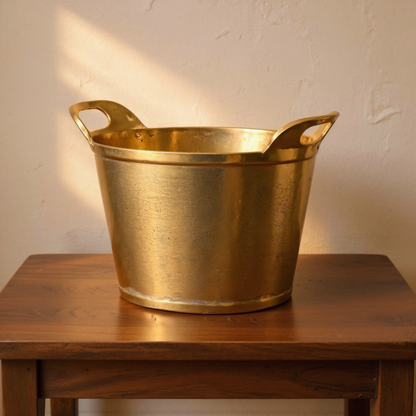 Brushed Gold Aluminum Champagne Bucket in warm side light on a walnut surface