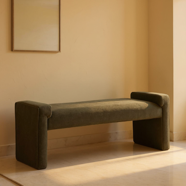 Bouclé Upholstered Arch Bench in a sunlit entryway with cream limewash walls and travertine flooring