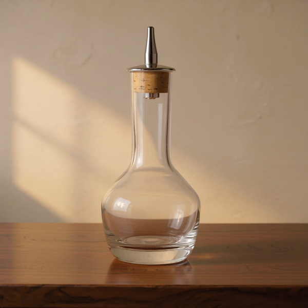 Glass and Cork Bitters Bottle in a warm espresso walnut bar setting