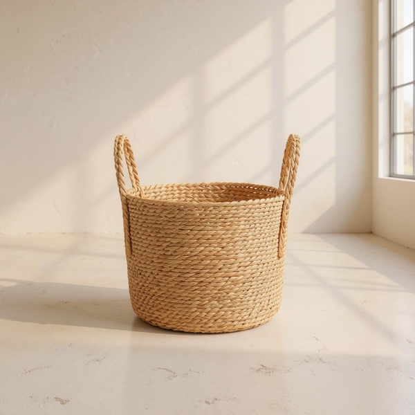Handwoven Seagrass Basket Planter against cream microcement with warm steel-window grid shadows