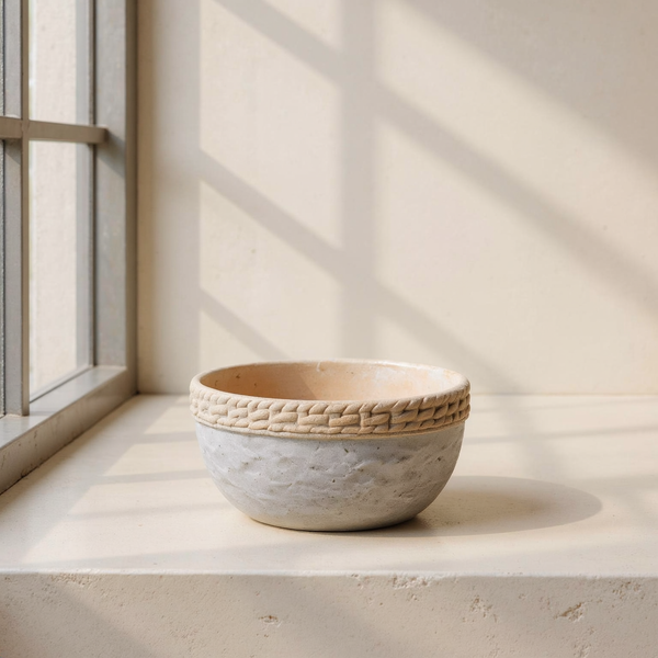 Woven-Edge Cement Composite Planter against cream microcement with warm steel-window grid shadows
