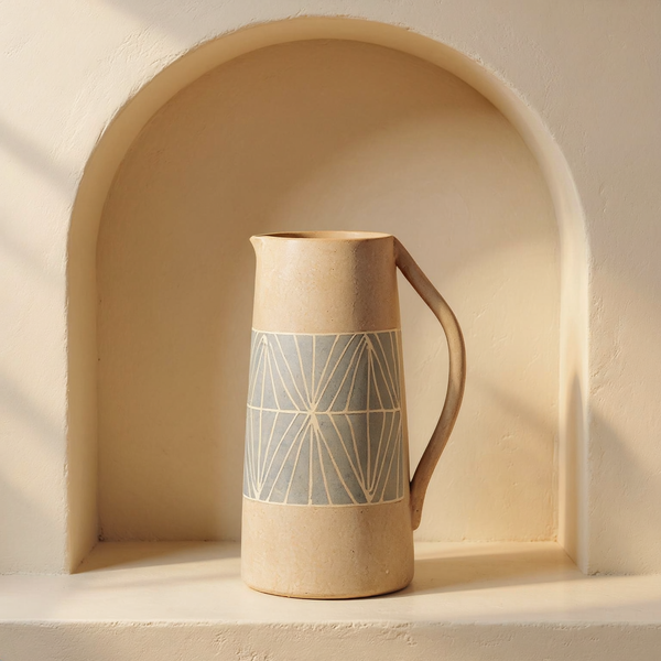 Hand-Painted Geometric Terracotta Pitcher Vase in a cream plaster niche with warm natural side light