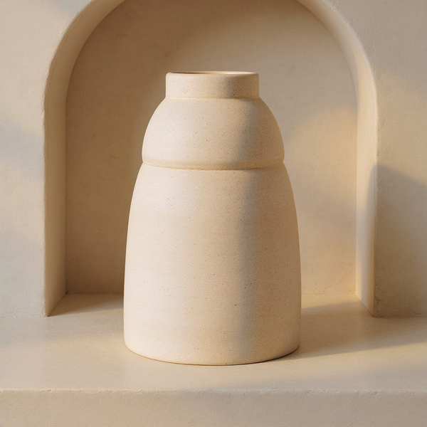Wheel-Thrown Stoneware Chubby Vase in a cream plaster niche with warm natural side light