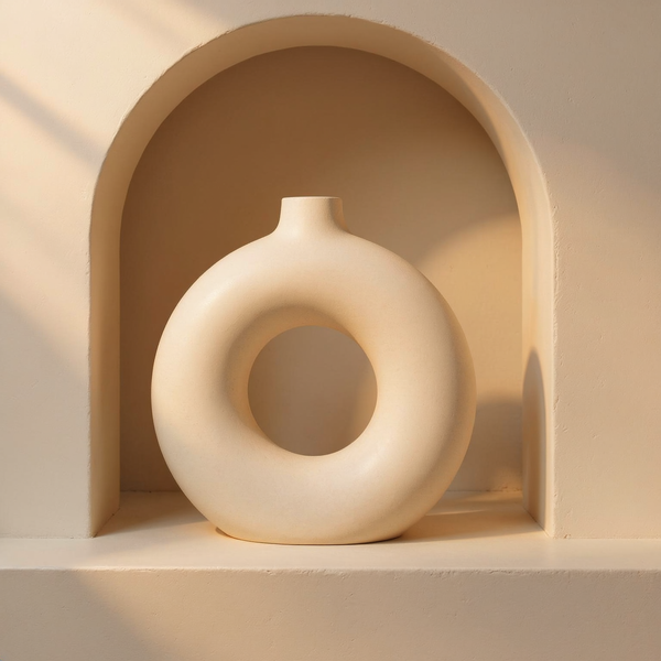 Matte Ceramic Ring Vase in a cream plaster niche with warm natural side light
