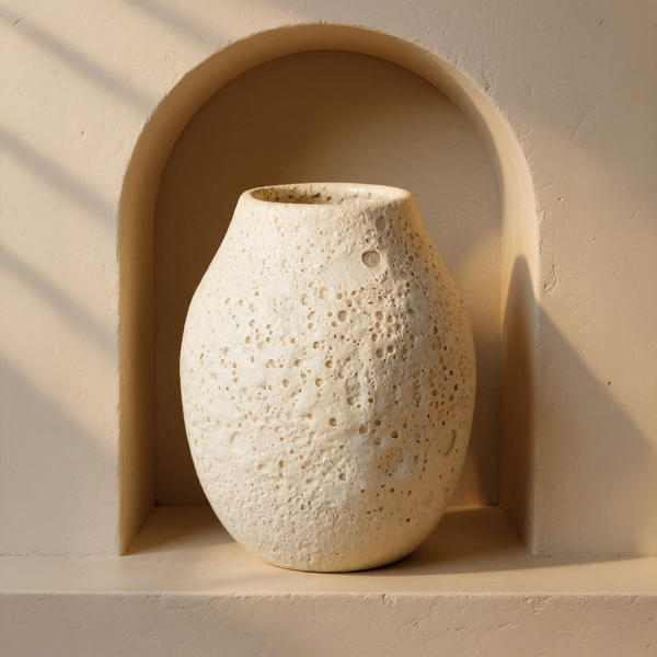 Crater-Glaze Porcelain Vase Collection in a cream plaster niche with warm natural side light